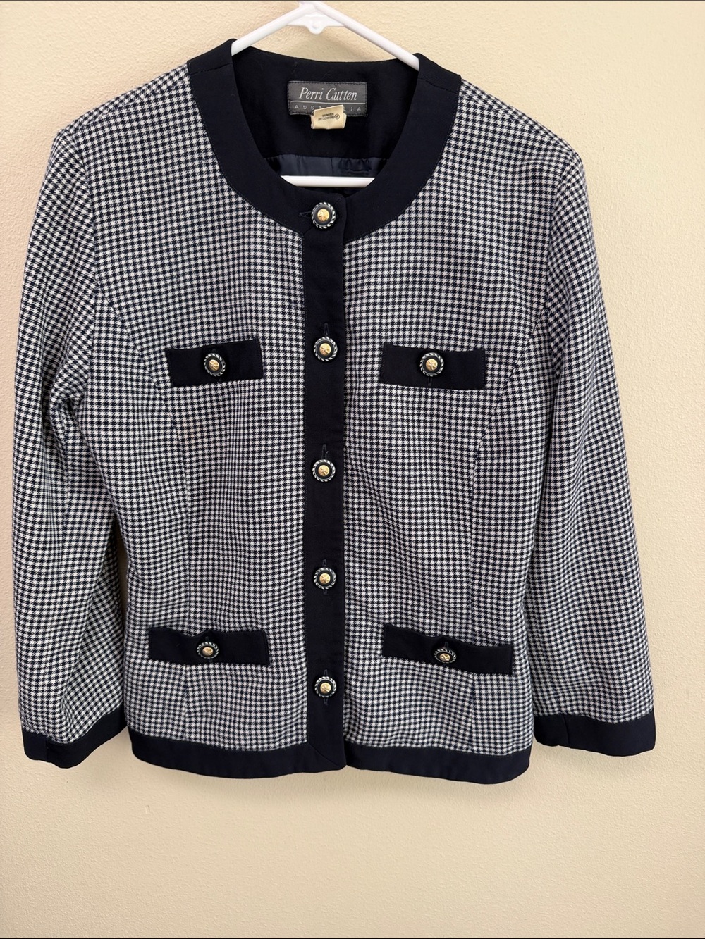 Perri Cutten Black/White Houndstooth Collarless Jacket Sz10
